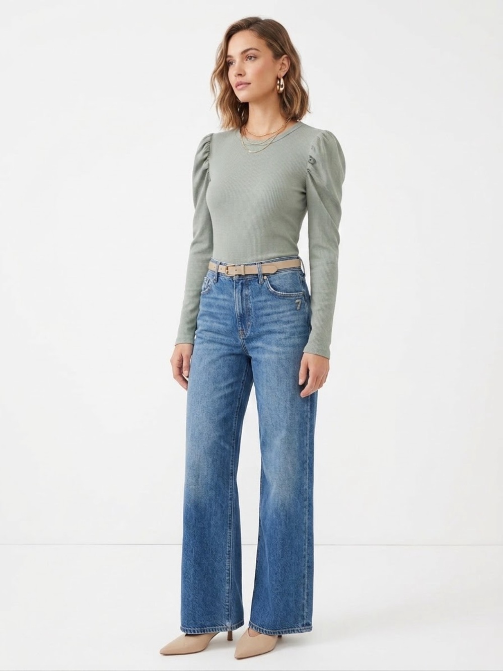 7 For All Mankind $118 P2P17-19” L22” Ribbed Puff Long Sleeve Top Sage Green L